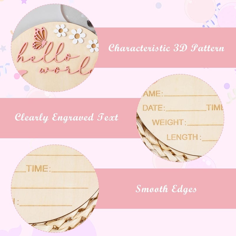 Ajcotahm Hello World Newborn Sign, 5.9 Inch Wooden Baby Announcement Sign Pink Butterfly Style Birth Welcome Board for Newborn Boys Girls Photo Props Baby Shower Hospital Nursery (Pink) - Image 3